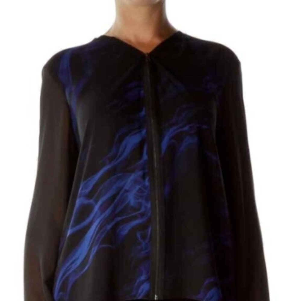 T Tahari Austin Front Zippered Blouse Top Printed Blue Black Sheer L Large